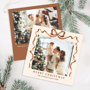 Festive Christmas Beige Boho Bow Ribbon 2 Photo Holiday Card