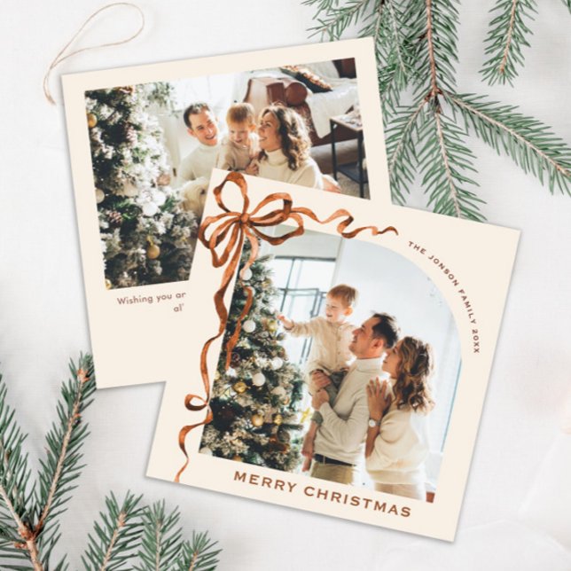 Festive Christmas Beige Boho Bow Ribbon 2 Photo Holiday Card (Creator Uploaded)