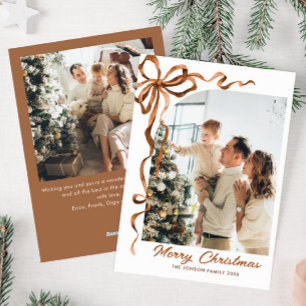 Festive Christmas Beige Boho Bow Ribbon 2 Photo Holiday Card