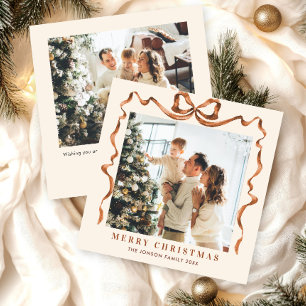 Festive Christmas Beige Boho Bow Ribbon 2 Photo Holiday Card