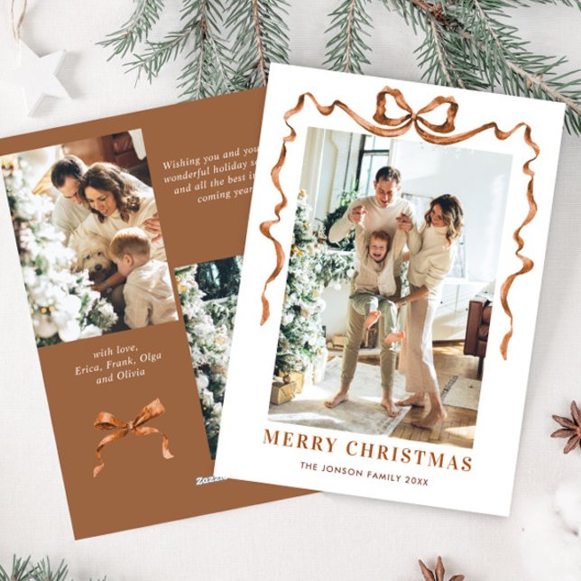 Festive Christmas Beige Boho Bow Ribbon 3 Photo Holiday Card (Creator Uploaded)