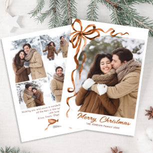 Festive Christmas Beige Boho Bow Ribbon 5 Photo Holiday Card