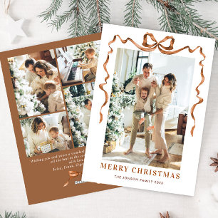 Festive Christmas Beige Boho Bow Ribbon 5 Photo Holiday Card