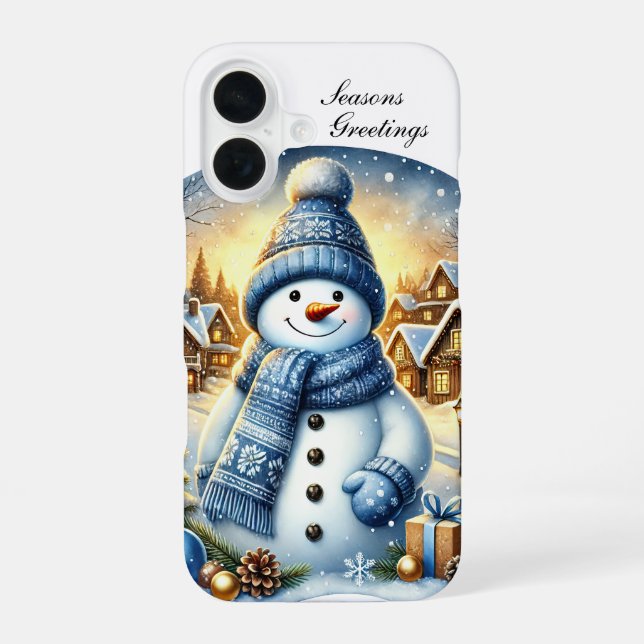 Festive Christmas blue snowman customisable iPhone 16 Case (Back)