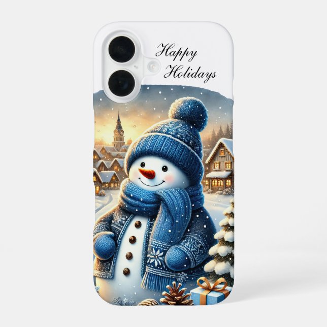 Festive Christmas blue snowman customisable  iPhone 16 Case (Back)