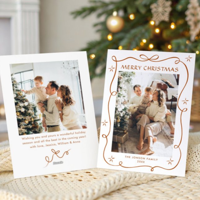 Festive Christmas Boho Beige Bow Ribbon 2 Photo Holiday Card (Creator Uploaded)