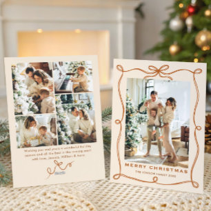 Festive Christmas Boho Beige Bow Ribbon 5 Photo Holiday Card