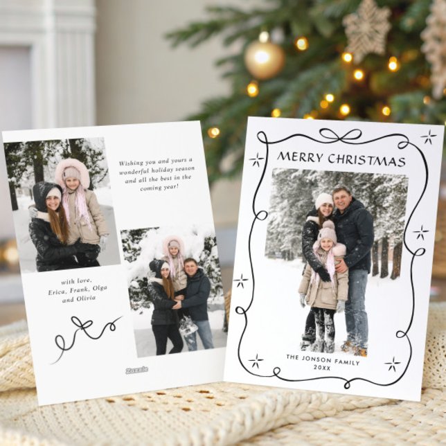 Festive Christmas Boho Black Bow Ribbon 3 Photo Holiday Card (Creator Uploaded)