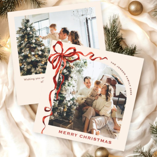 Festive Christmas Boho Red Bow Ribbon 2 Photo Holiday Card (Creator Uploaded)