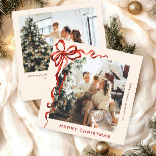 Festive Christmas Boho Red Bow Ribbon 2 Photo Holiday Card