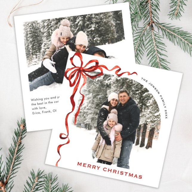 Festive Christmas Boho Red Bow Ribbon 2 Photo Holiday Card (Creator Uploaded)