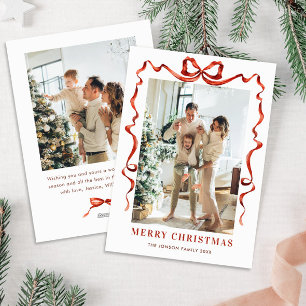 Festive Christmas Boho Red Bow Ribbon 2 Photo Holiday Card