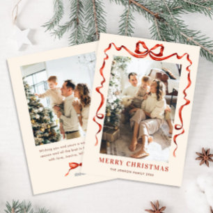 Festive Christmas Boho Red Bow Ribbon 2 Photo Holiday Card