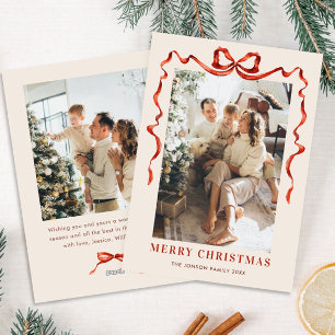 Festive Christmas Boho Red Bow Ribbon 2 Photo Holiday Card