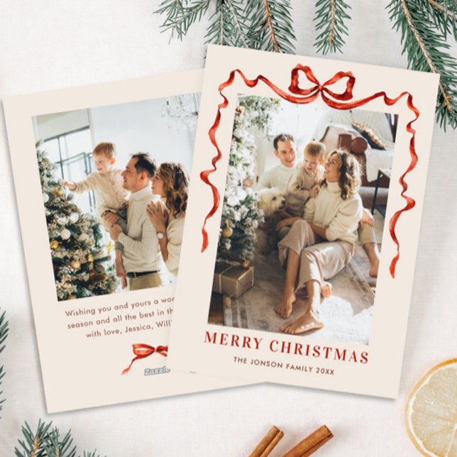 Festive Christmas Boho Red Bow Ribbon 2 Photo Holiday Card (Creator Uploaded)