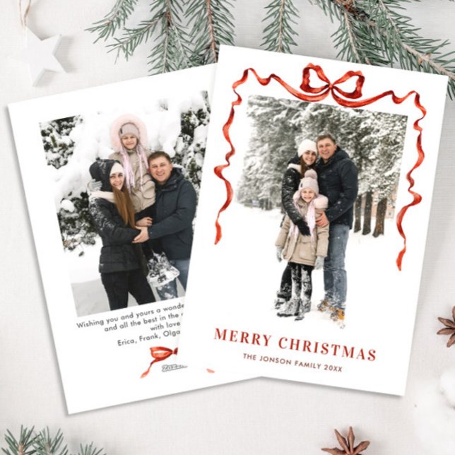 Festive Christmas Boho Red Bow Ribbon 2 Photo Holiday Card (Creator Uploaded)