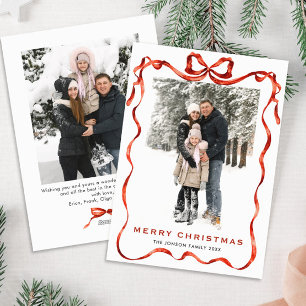 Festive Christmas Boho Red Bow Ribbon 2 Photo Holiday Card