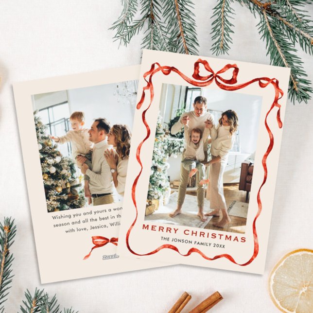 Festive Christmas Boho Red Bow Ribbon 2 Photo Holiday Card (Creator Uploaded)