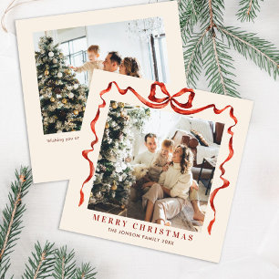 Festive Christmas Boho Red Bow Ribbon 2 Photo Holiday Card