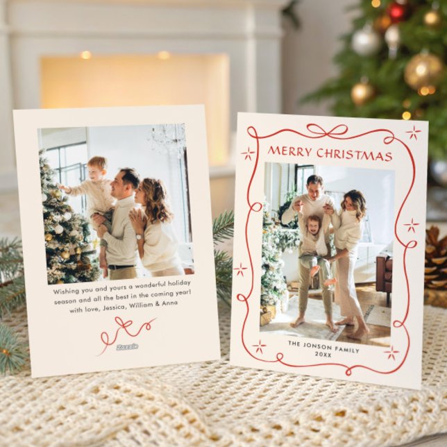 Festive Christmas Boho Red Bow Ribbon 2 Photo Holiday Card (Creator Uploaded)