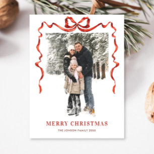 Festive Christmas Boho Red Bow Ribbon 2 Photo Postcard