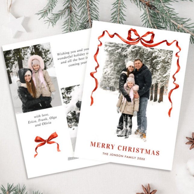 Festive Christmas Boho Red Bow Ribbon 3 Photo Holiday Card (Creator Uploaded)