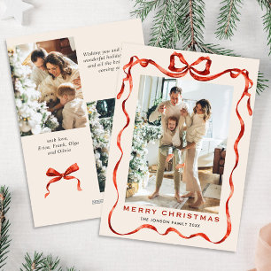 Festive Christmas Boho Red Bow Ribbon 3 Photo Holiday Card