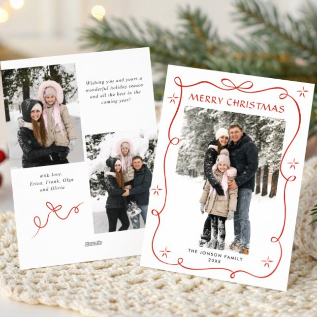 Festive Christmas Boho Red Bow Ribbon 3 Photo Holiday Card (Creator Uploaded)