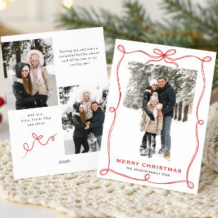 Festive Christmas Boho Red Bow Ribbon 3 Photo Holiday Card