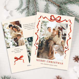 Festive Christmas Boho Red Bow Ribbon 5 Photo Holiday Card