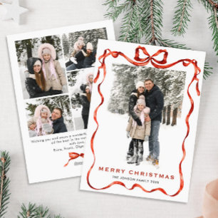 Festive Christmas Boho Red Bow Ribbon 5 Photo Holiday Card