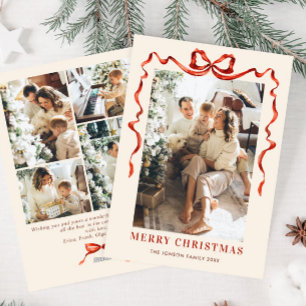 Festive Christmas Boho Red Bow Ribbon 5 Photo Holiday Card