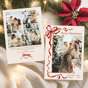 Festive Christmas Boho Red Bow Ribbon 5 Photo Holiday Card