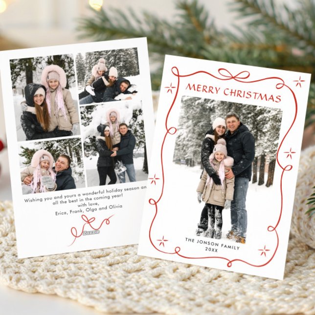 Festive Christmas Boho Red Bow Ribbon 5 Photo Holiday Card (Creator Uploaded)