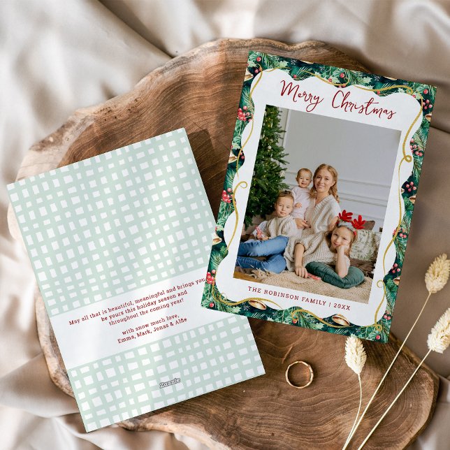 Festive Christmas Botanical Greenery Pattern Photo Holiday Card (Creator Uploaded)