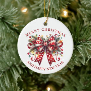 Festive Christmas Bow, Merry Christmas Typography Ceramic Tree Decoration