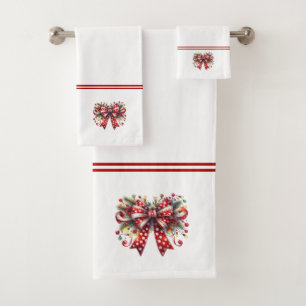 Festive Christmas Bow, Red Stripes Bath Towel Set
