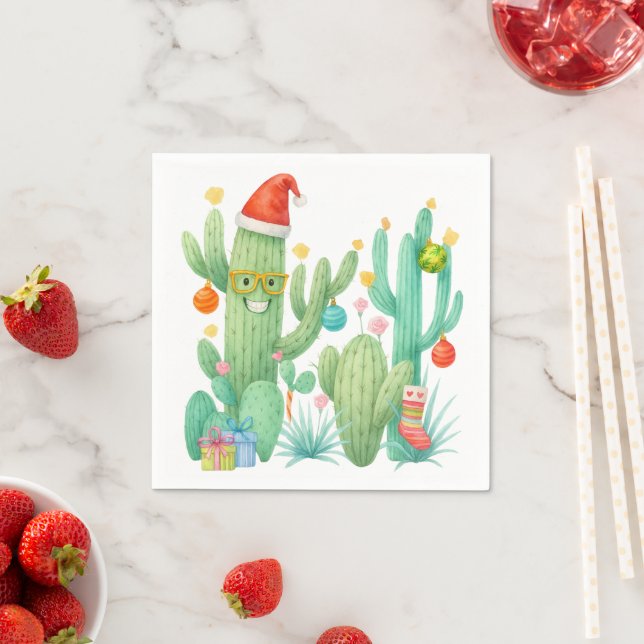 Festive Christmas Cactus with Santa Hat & Ornament Napkin (Insitu)