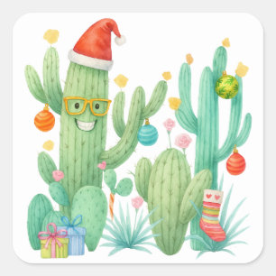 Festive Christmas Cactus with Santa Hat & Ornament Square Sticker
