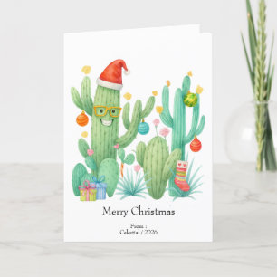 Festive Christmas Cactus with Santa Hat & Ornament Thank You Card