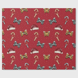 Festive Christmas Candy Cane & Santa Hat Wrapping Paper