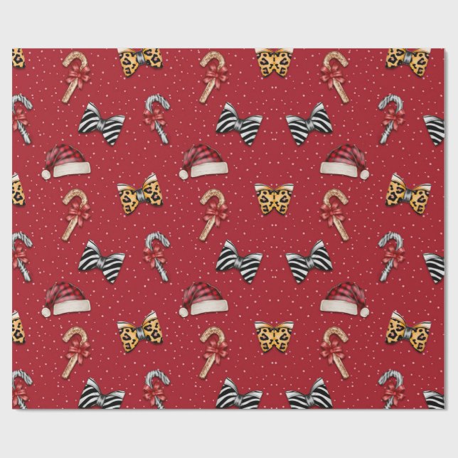 Festive Christmas Candy Cane & Santa Hat Wrapping  Wrapping Paper (Flat)