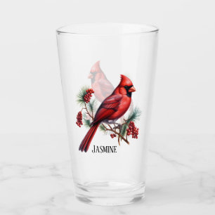 Festive Christmas cardinal add name watercolor  Glass
