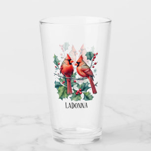 Festive Christmas cardinals add name watercolor  Glass