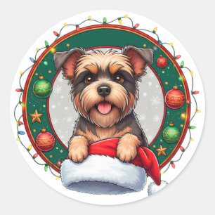 Festive Christmas Cartoon Dog Classic Round Sticker