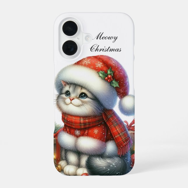 Festive Christmas Cat customisable  iPhone 16 Case (Back)