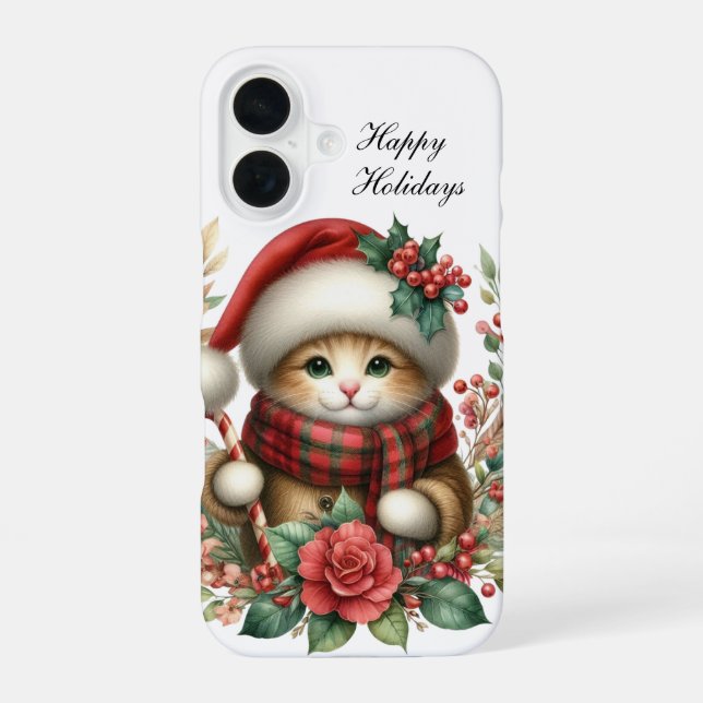 Festive Christmas Cat customisable  iPhone 16 Case (Back)