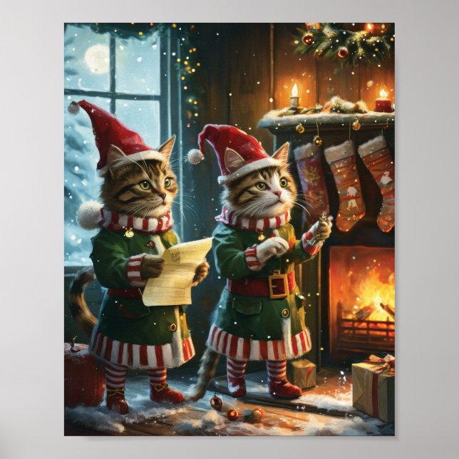 Festive Christmas Cat Elves Preparing for Santa Poster (Front)