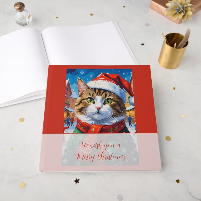 Festive Christmas Cat in Santa Hat Guest Book (Front Open)