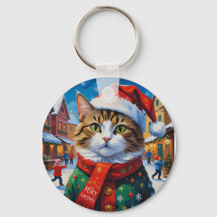 Festive Christmas Cat in Santa Hat Key Ring